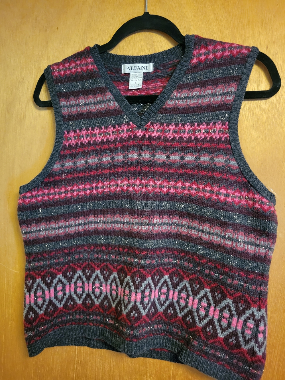 Alfani Gray and Pink Fair Isle V-Neck Sweater Vest